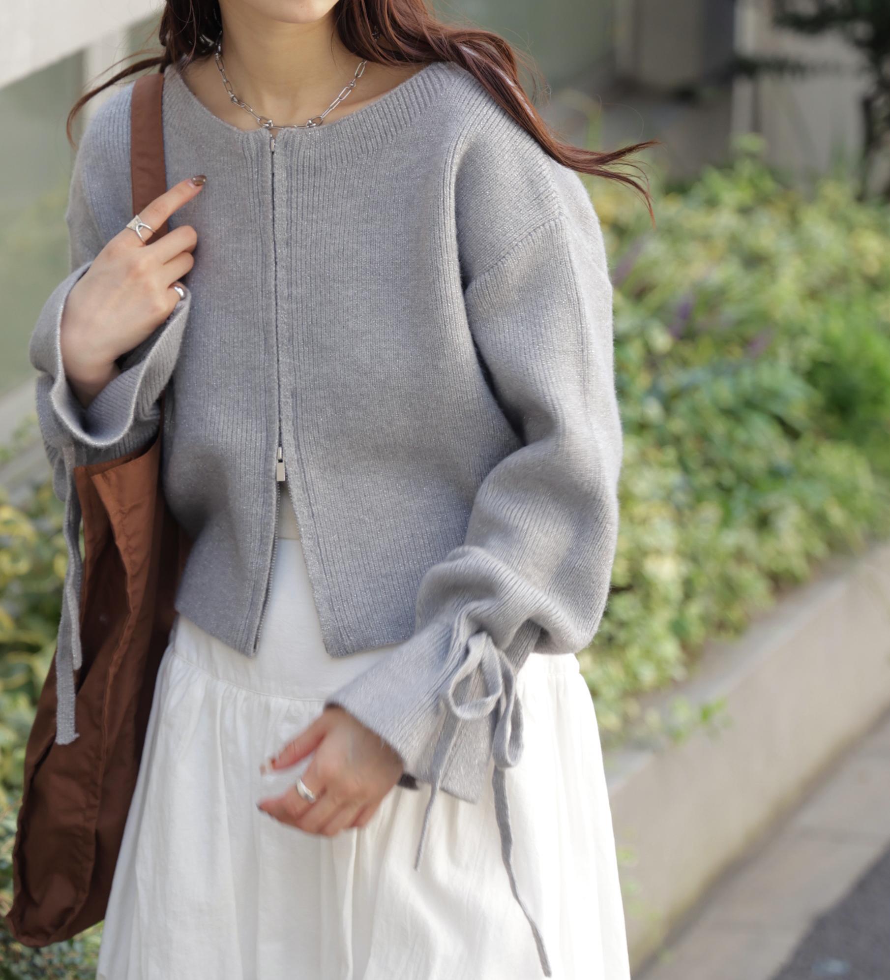 ダブルジップキャンディスリーブカーディガン グレー