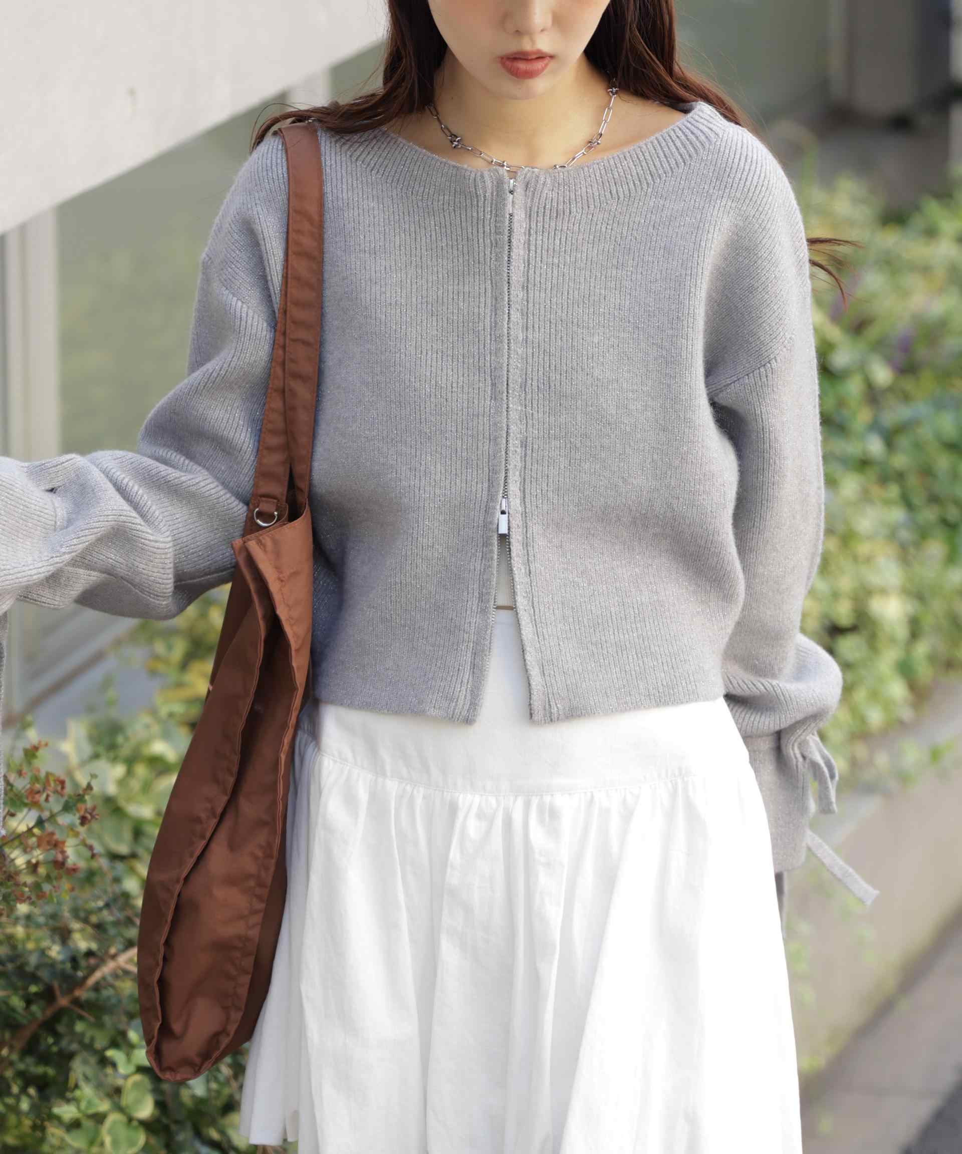 ダブルジップキャンディスリーブカーディガン グレー