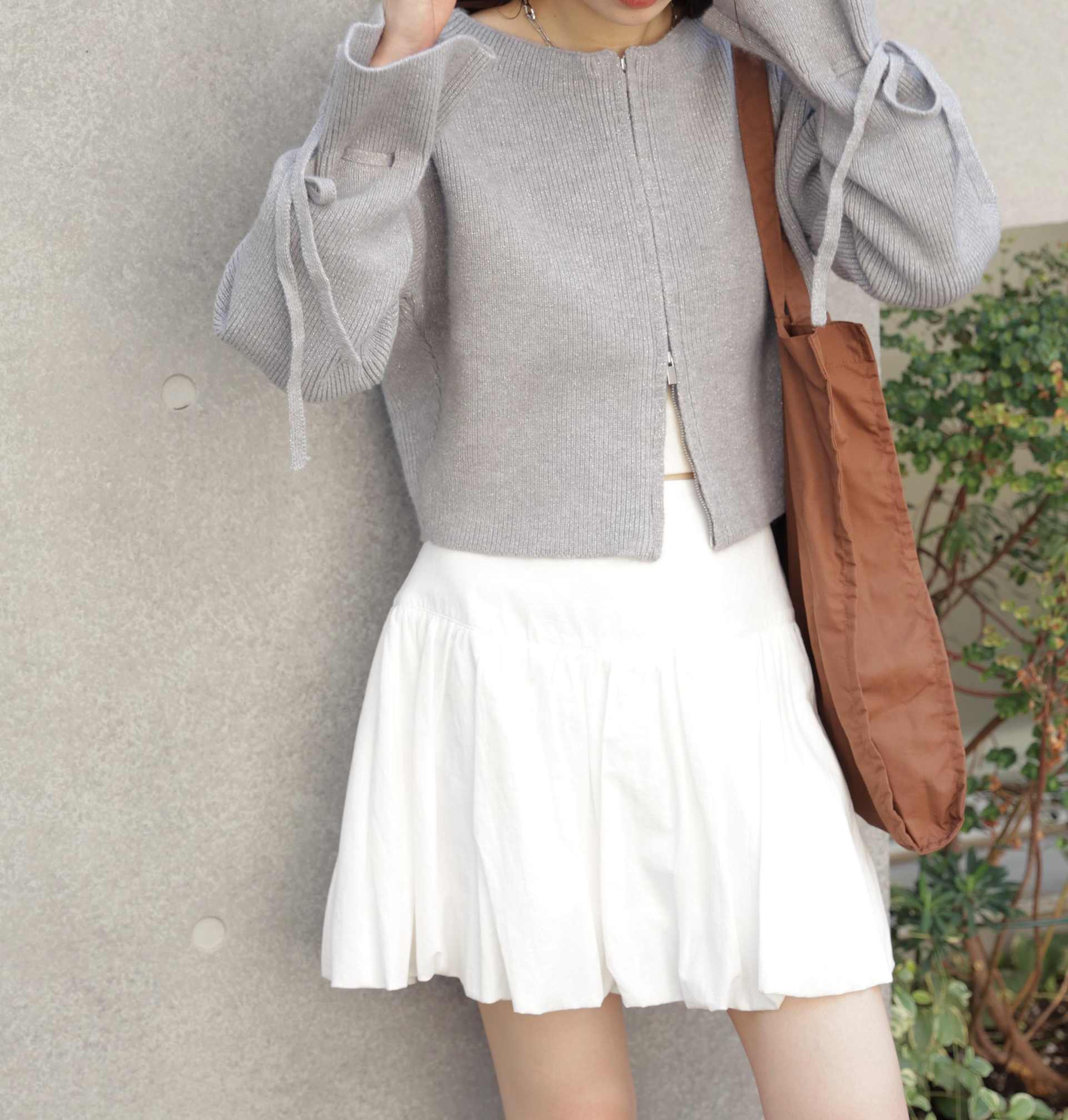 ダブルジップキャンディスリーブカーディガン グレー