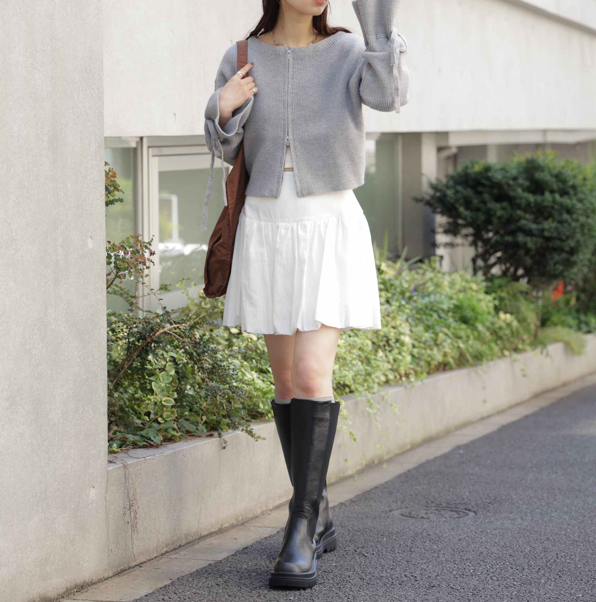 ダブルジップキャンディスリーブカーディガン グレー