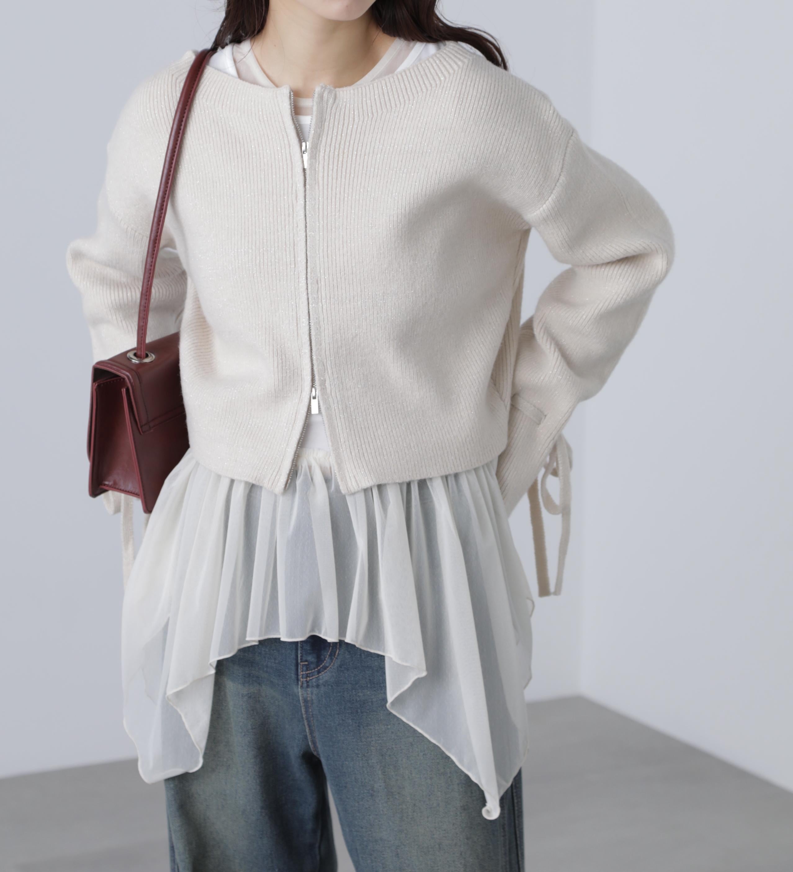 ダブルジップキャンディスリーブカーディガン オフ