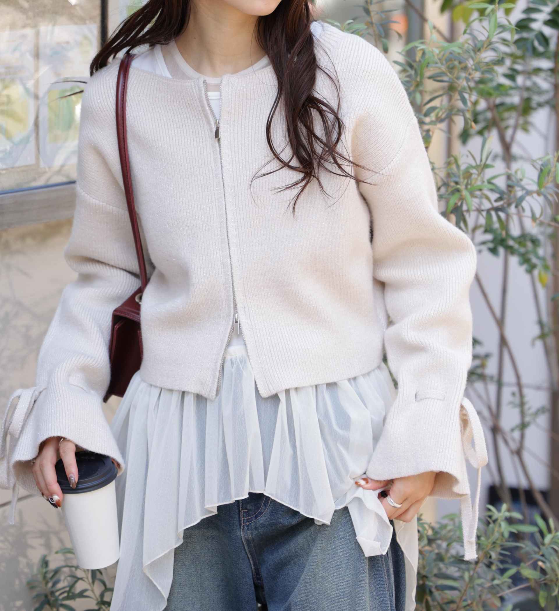 ダブルジップキャンディスリーブカーディガン オフ