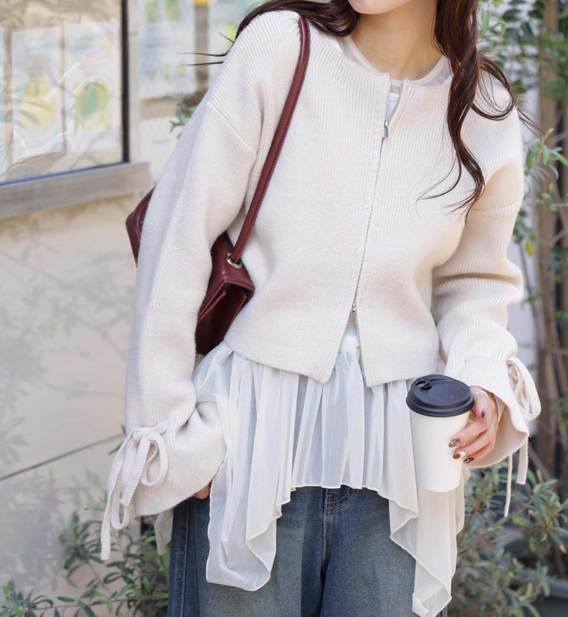 ダブルジップキャンディスリーブカーディガン オフ