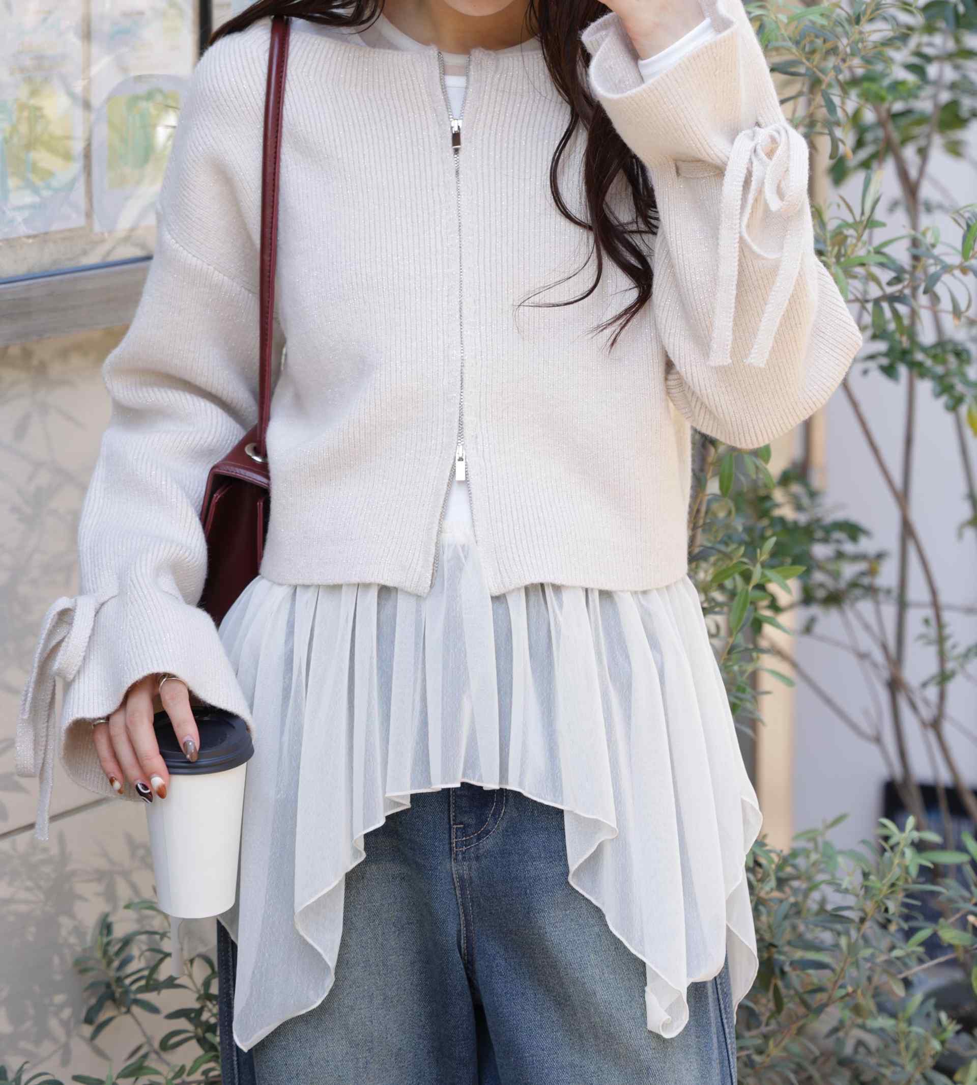 ダブルジップキャンディスリーブカーディガン オフ