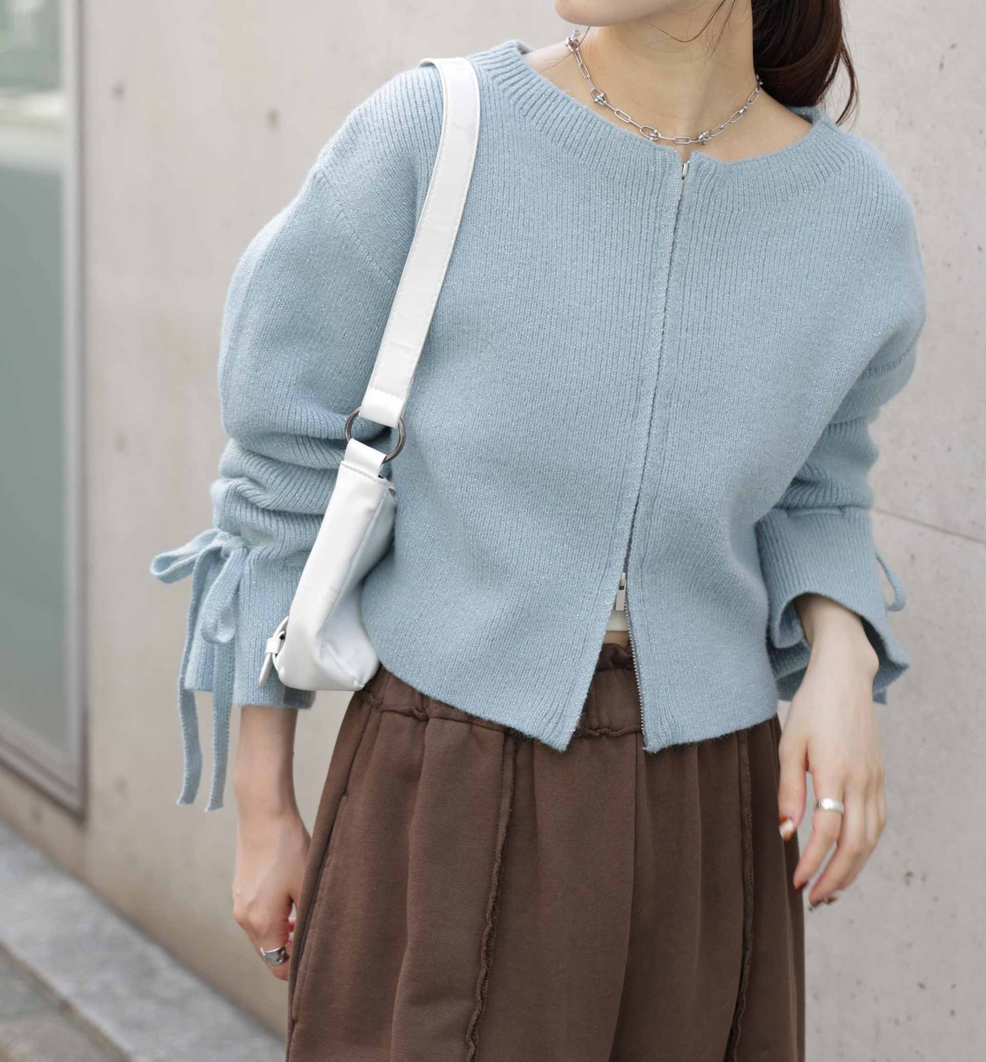 ダブルジップキャンディスリーブカーディガン ライトブルー