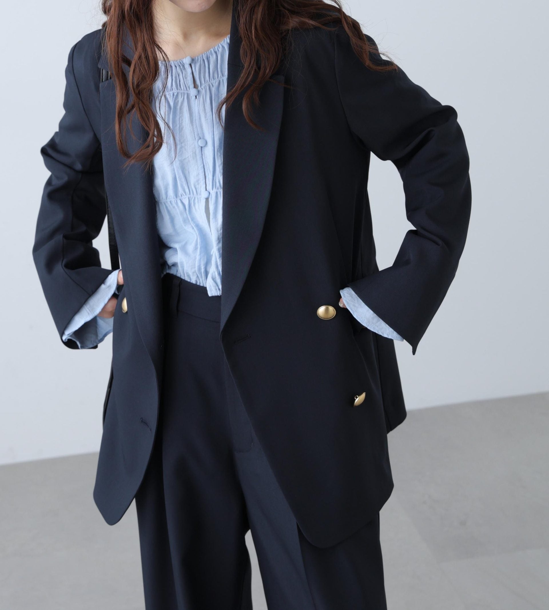 梳毛調合繊ダブルブレストジャケット ネイビー