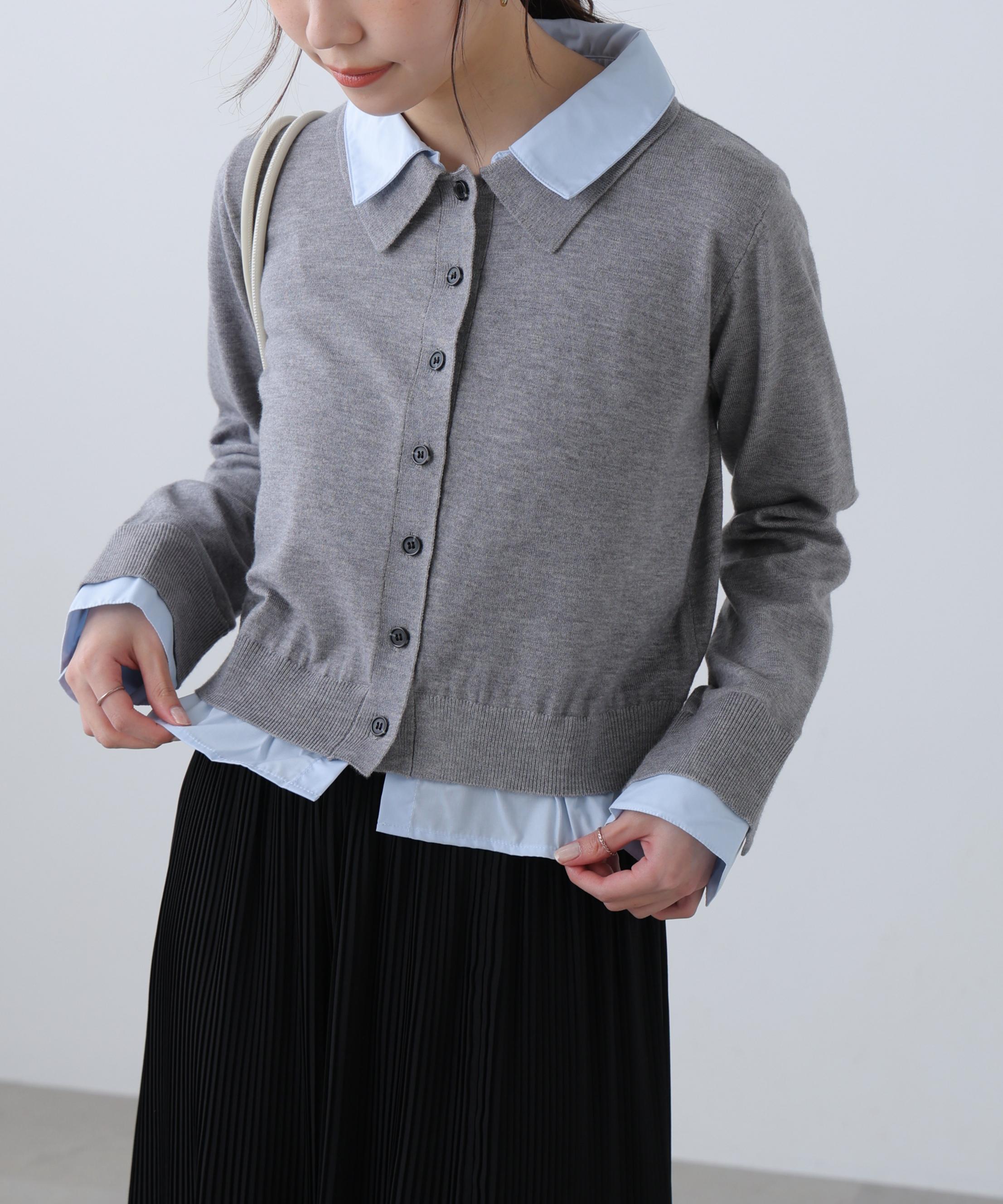 シャツフェイクレイヤードポロカーディガン グレー1
