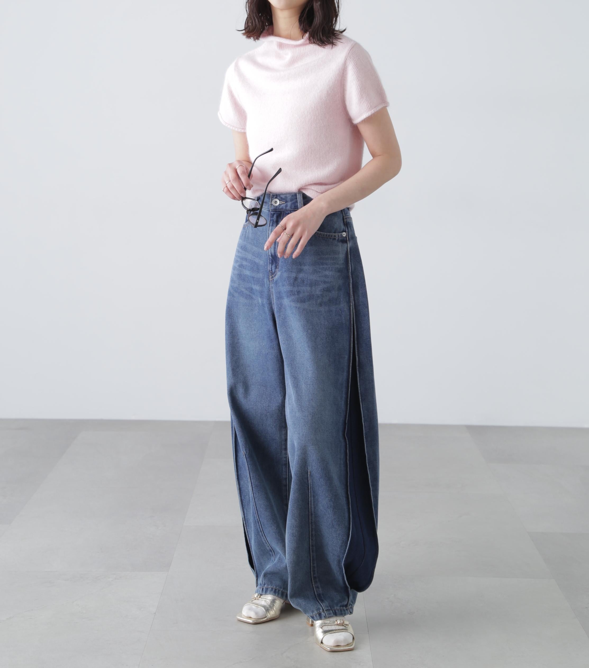 アンゴラ混ハーフスリーブニット ピンク