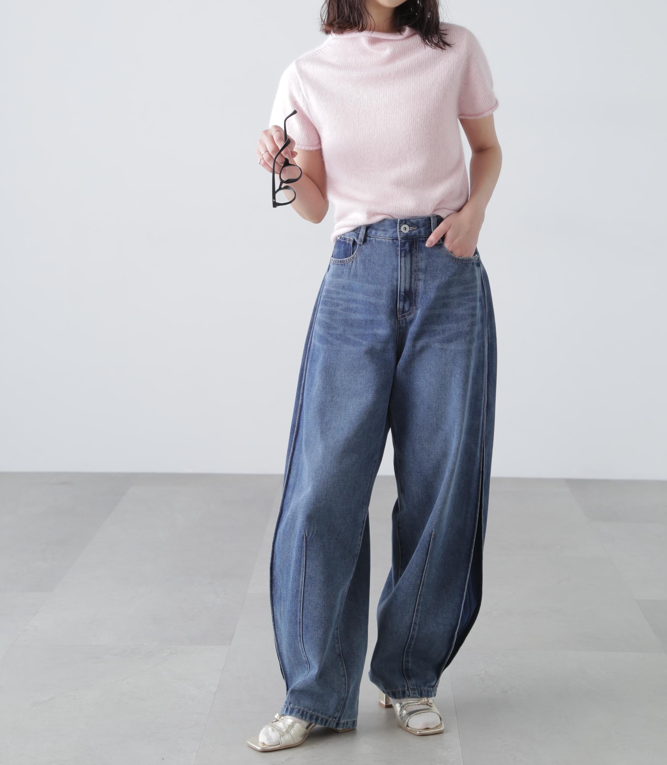 アンゴラ混ハーフスリーブニット ピンク