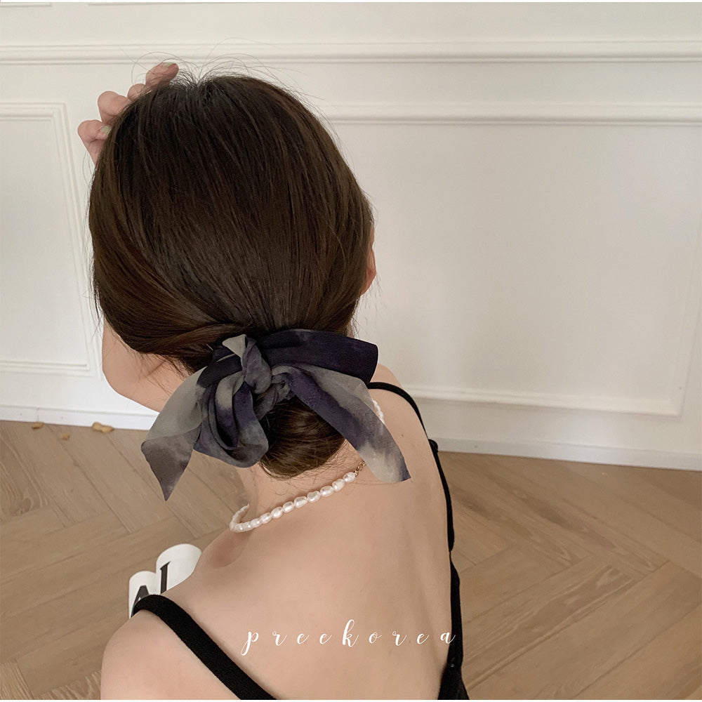 アンドカワイイ And Kawaii シュシュ ヘアゴム ニュアンスタイダイ柄リボン 韓国風 （グリーングレーブラック） グリーングレーブラック