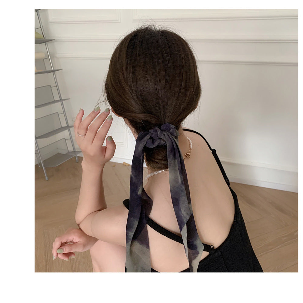 アンドカワイイ And Kawaii シュシュ ヘアゴム ニュアンスタイダイ柄リボン 韓国風 （グリーングレーブラック） グリーングレーブラック