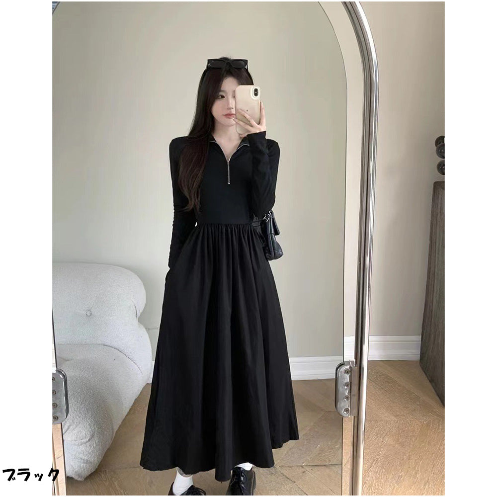 and Kawaii and Kawaii Long Sleeve Dress Midi Length Front Zipper Plain Flare Dress Basic Casual Simple Stylish