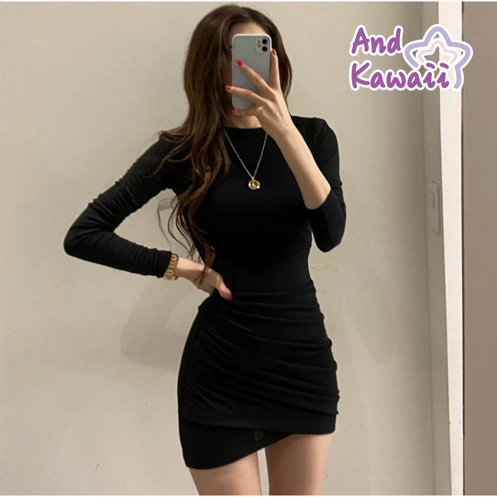 And Kawaii And Kawaii Dress Gather Mini Length Dress Plain Tight Sexy Spring Summer Simple Round Neck Women's Long Sleeve Mini Dress Cut and Sew Slim Slimming Inner Korean Style