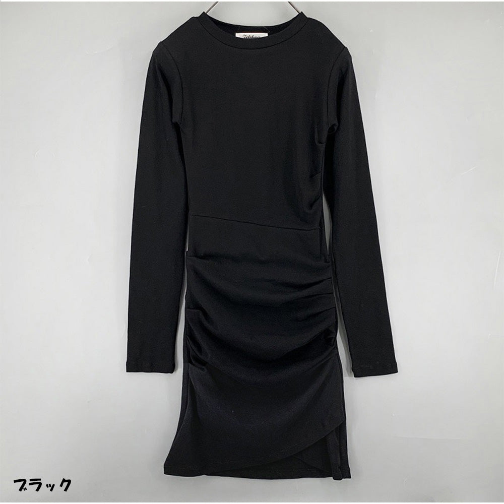 And Kawaii And Kawaii Dress Gather Mini Length Dress Plain Tight Sexy Spring Summer Simple Round Neck Women's Long Sleeve Mini Dress Cut and Sew Slim Slimming Inner Korean Style