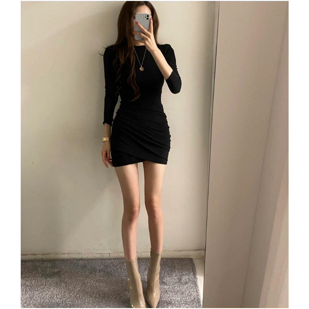 And Kawaii And Kawaii Dress Gather Mini Length Dress Plain Tight Sexy Spring Summer Simple Round Neck Women's Long Sleeve Mini Dress Cut and Sew Slim Slimming Inner Korean Style