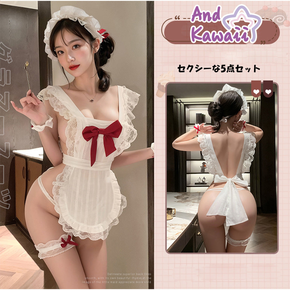 アンドカワイイ And Kawaii ベビードール セクシーメイド風ランジェリー 5点セット レッドリボン 勝負ランジェリー （ホワイト） ホワイト