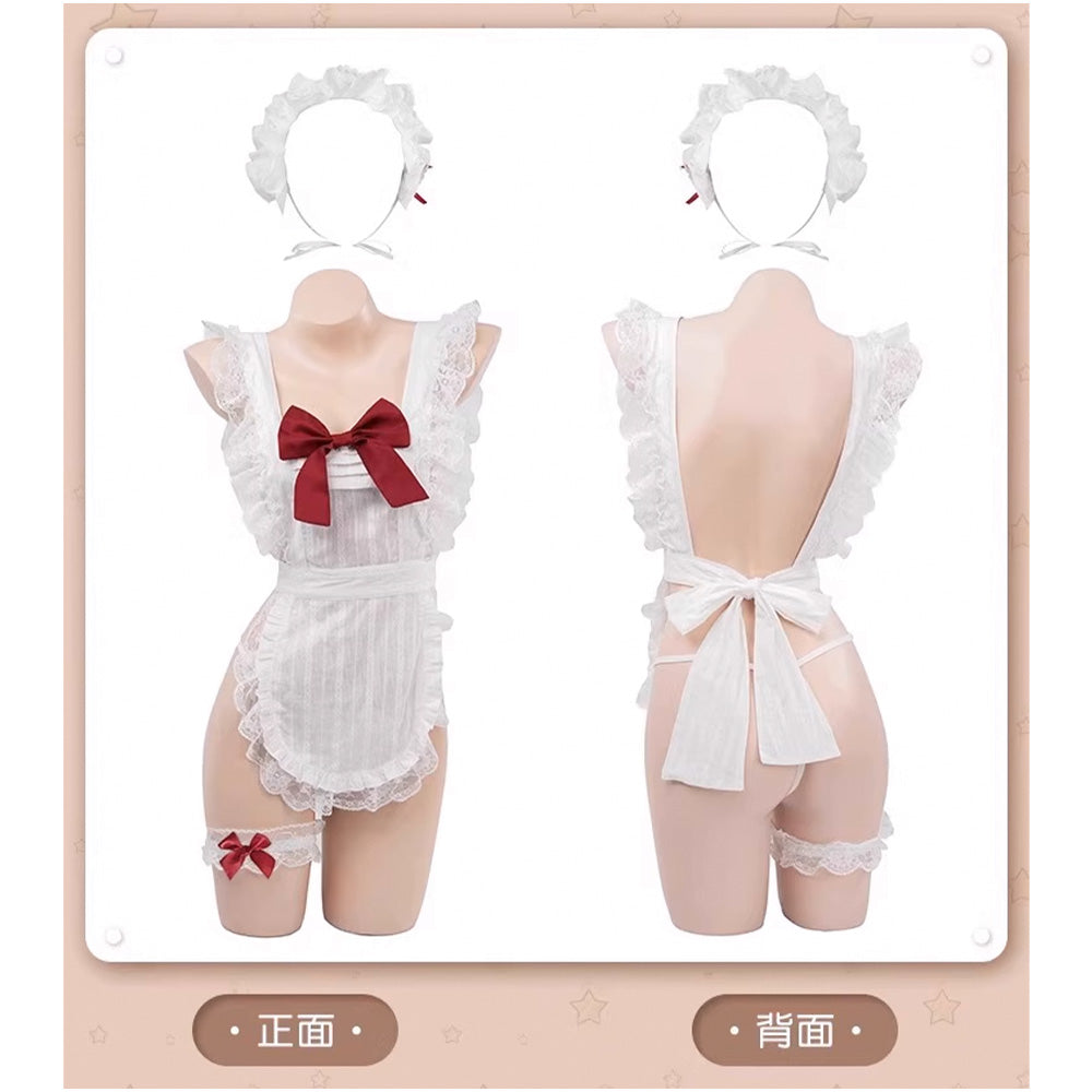 アンドカワイイ And Kawaii ベビードール セクシーメイド風ランジェリー 5点セット レッドリボン 勝負ランジェリー （ホワイト） ホワイト