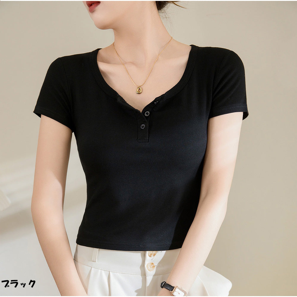 アンドカワイイ And Kawaii リブフィット半袖Tシャツ 前ボタン付き 韓国風 （ブラック） ブラック