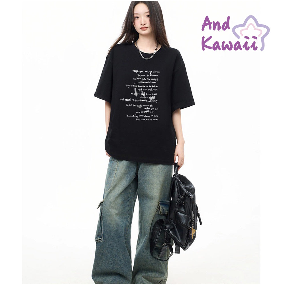アンドカワイイ And Kawaii オーバーサイズ半袖Tシャツ 英字プリント 韓国風 （ブラック） ブラック