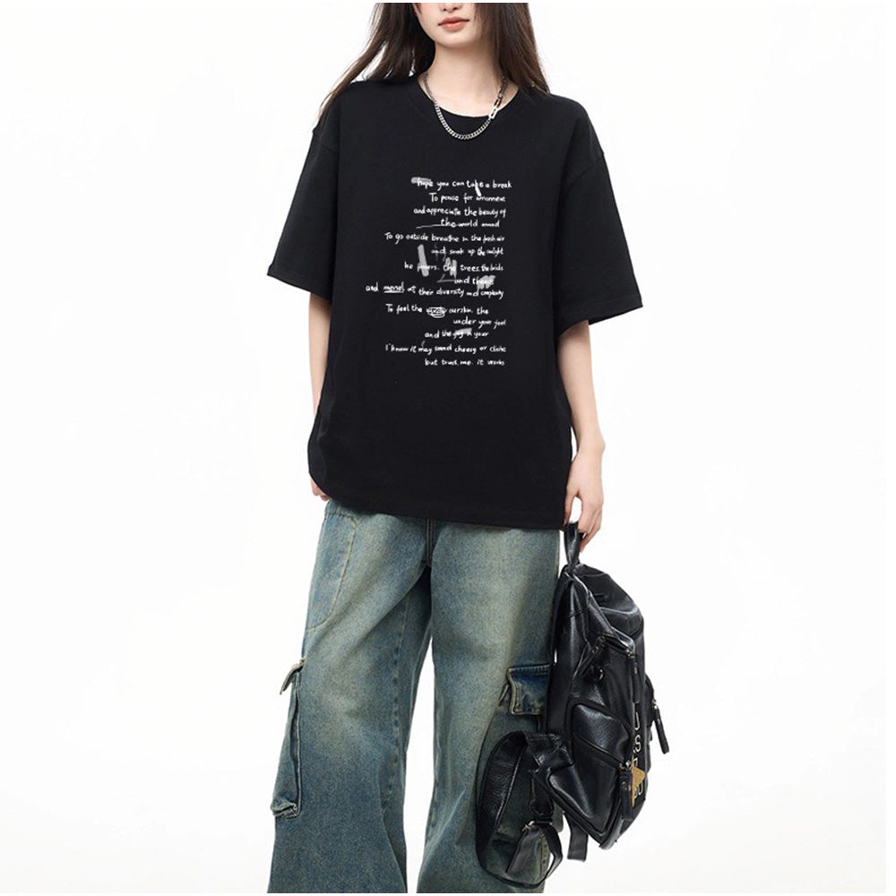 アンドカワイイ And Kawaii オーバーサイズ半袖Tシャツ 英字プリント 韓国風 （ブラック） ブラック