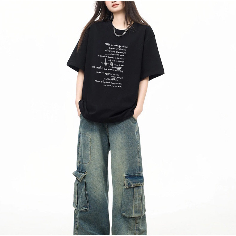アンドカワイイ And Kawaii オーバーサイズ半袖Tシャツ 英字プリント 韓国風 （ブラック） ブラック