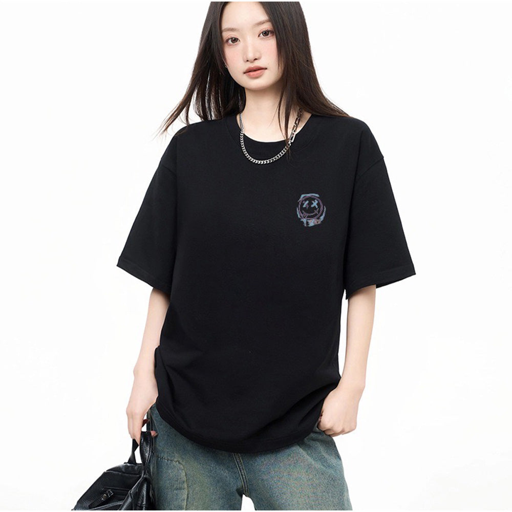 アンドカワイイ And Kawaii 半袖Tシャツ オーバーサイズ スマイル刺繍 韓国風 （ブラック） ブラック