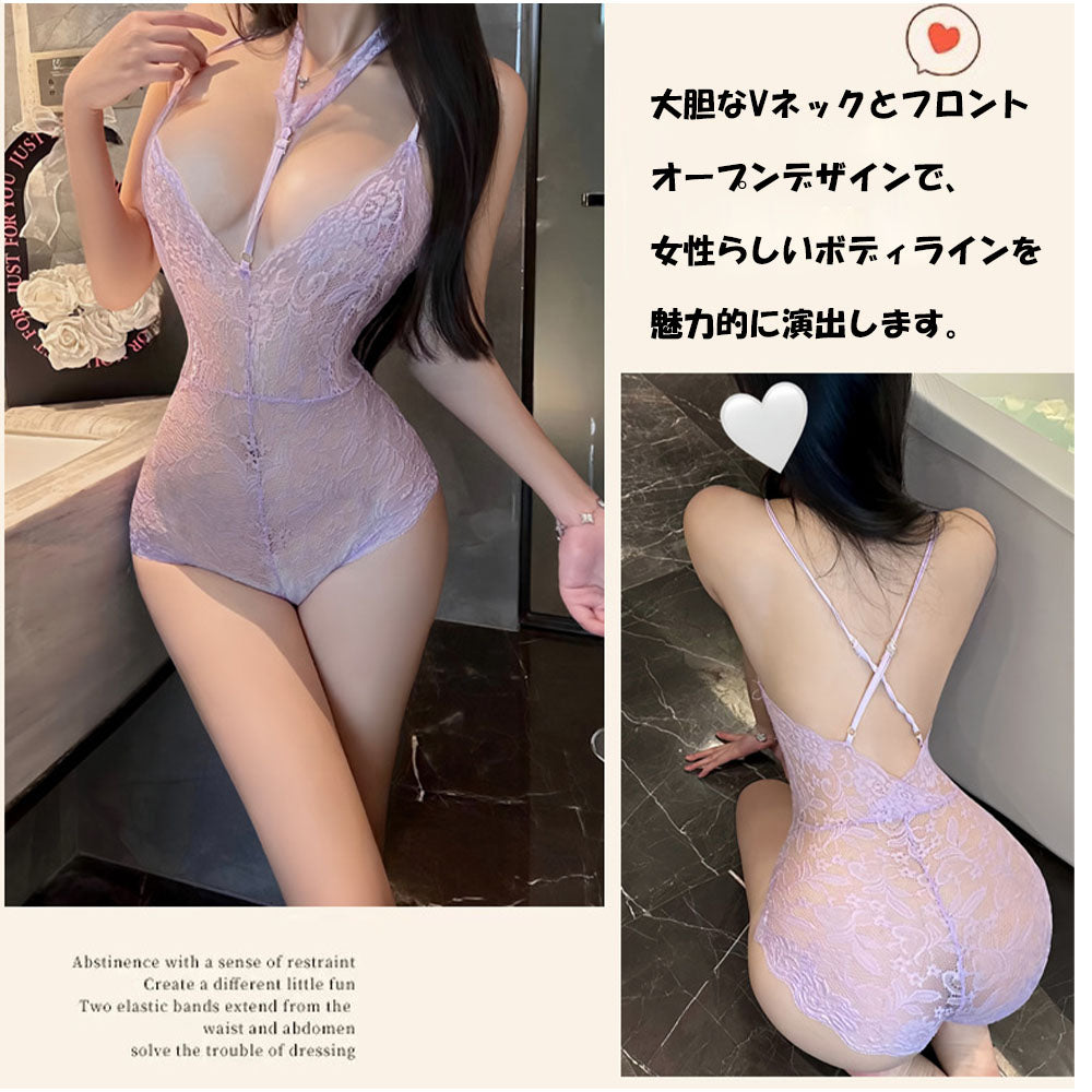 アンドカワイイ And Kawaii セクシーランジェリー レースVネック バックレスボディスーツ 透け感あり【返品不可商品】 （パープル） パープル