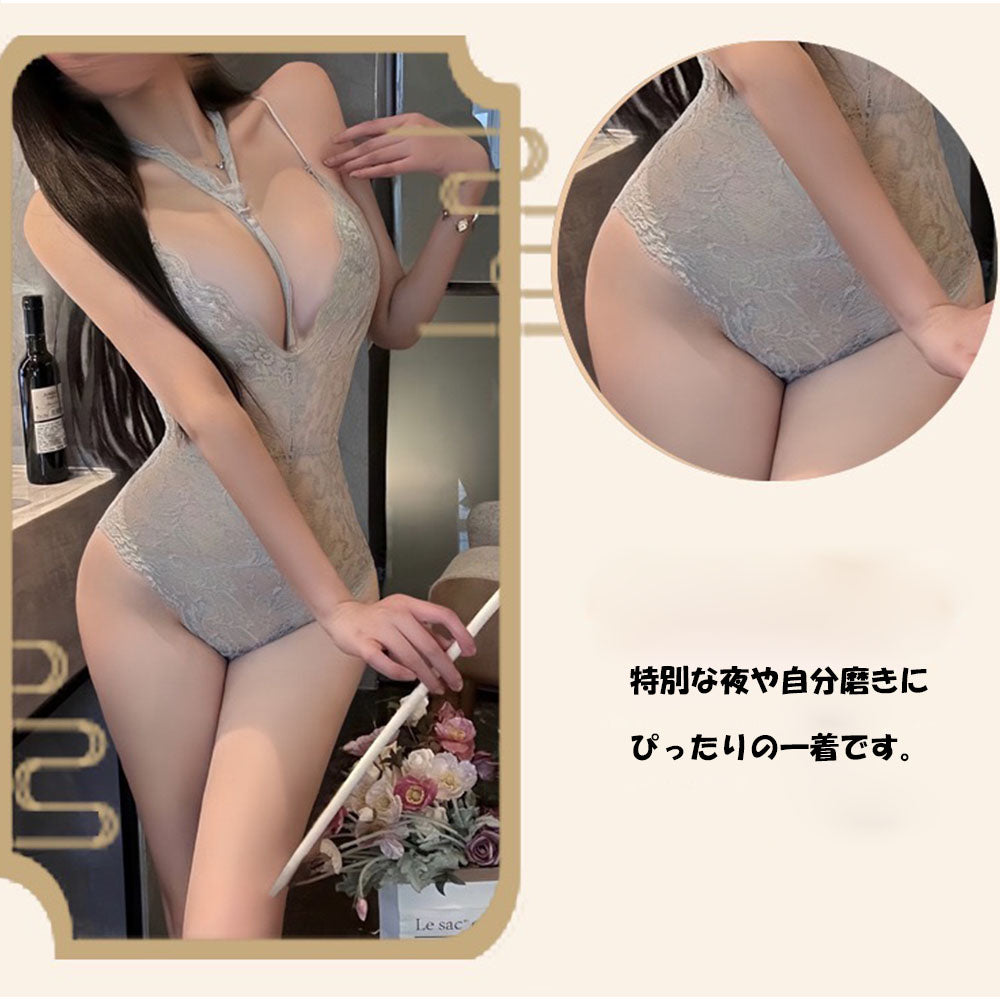 アンドカワイイ And Kawaii セクシーランジェリー レースVネック バックレスボディスーツ 透け感あり【返品不可商品】 （グレー） グレー
