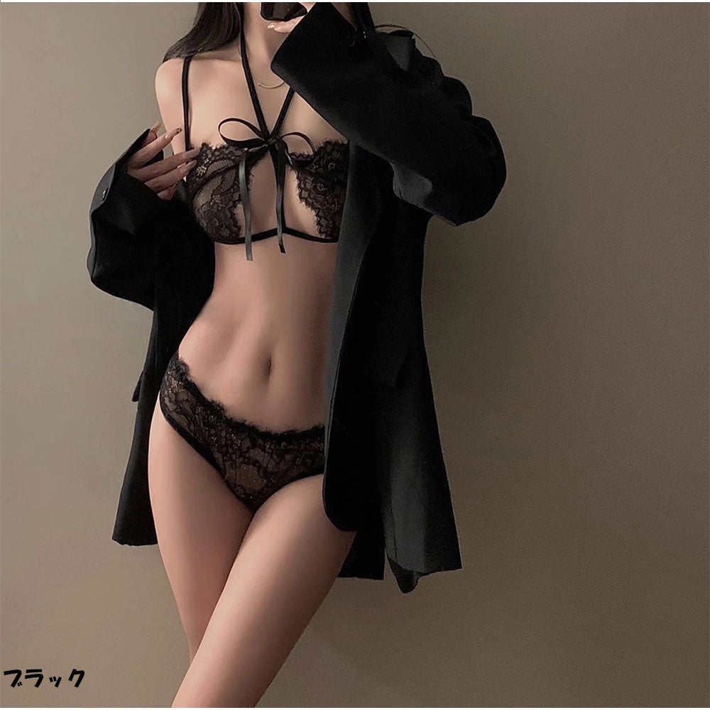 アンドカワイイ And Kawaii 透けレース リボンデザイン セクシーランジェリー上下セット【返品不可商品】 （ブラック） ブラック