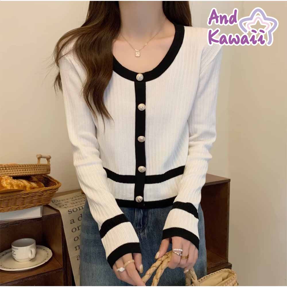 And Kawaii Cardigan, Long Sleeve, V-neck, Short Length, Color Scheme, Pearl Buttons, Korean Fashion