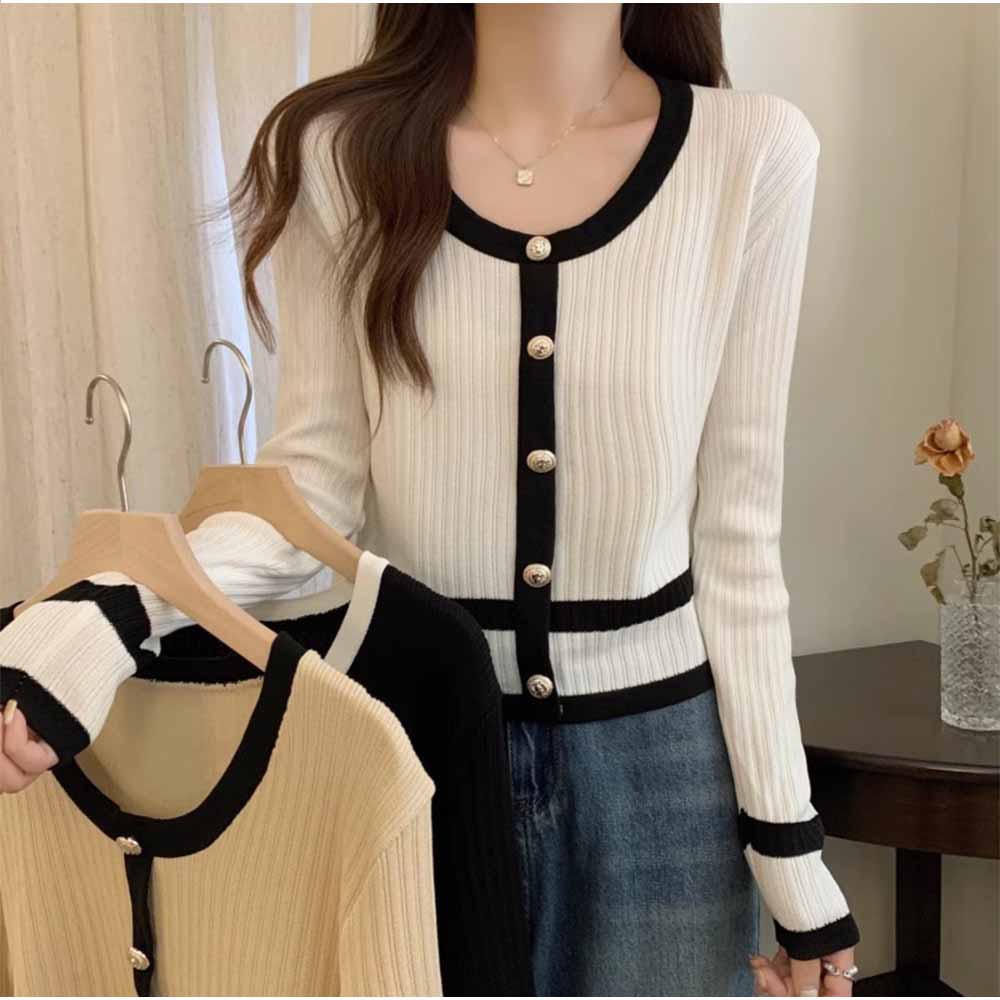 And Kawaii Cardigan, Long Sleeve, V-neck, Short Length, Color Scheme, Pearl Buttons, Korean Fashion