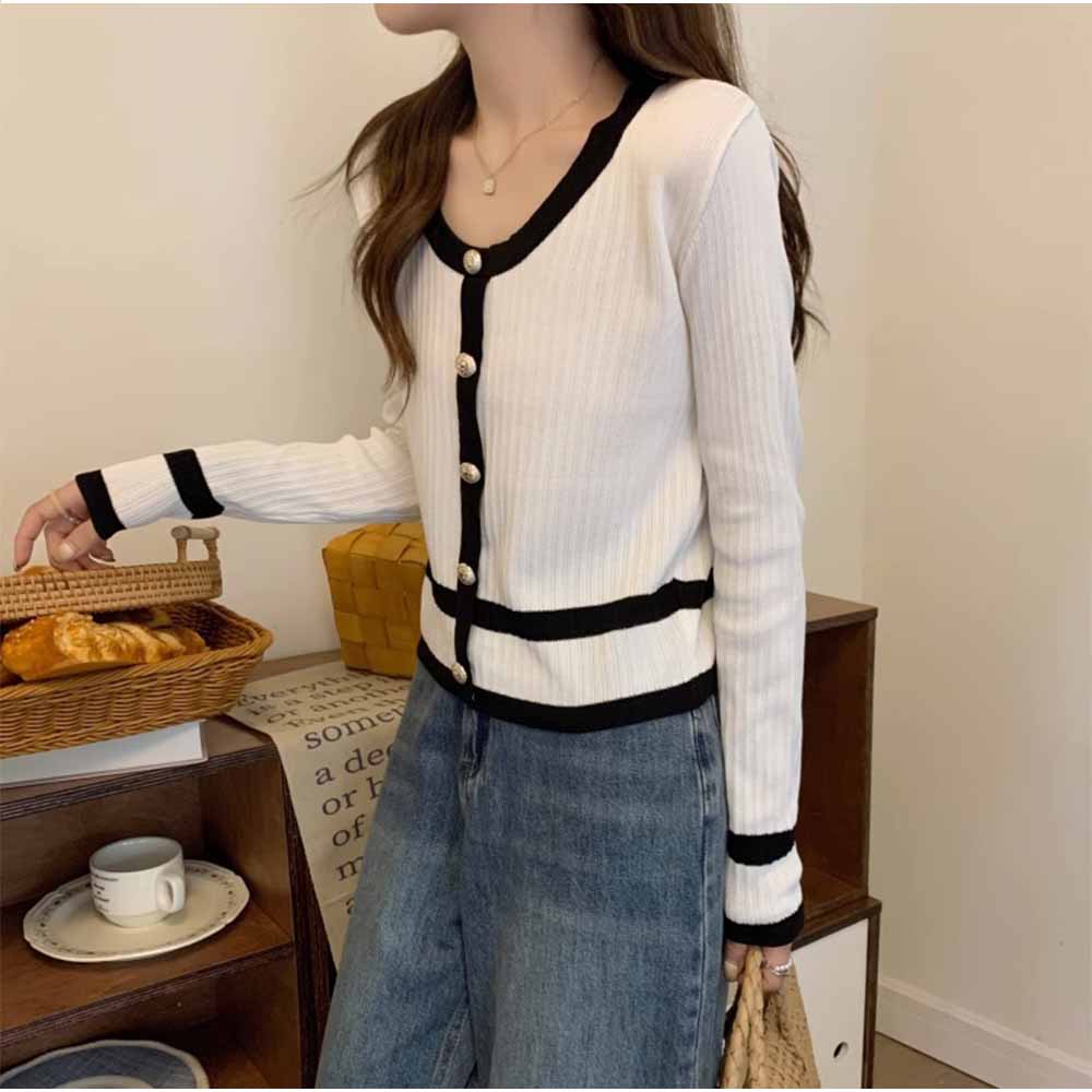 And Kawaii Cardigan, Long Sleeve, V-neck, Short Length, Color Scheme, Pearl Buttons, Korean Fashion