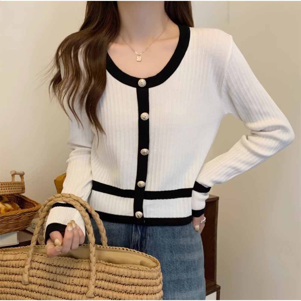 And Kawaii Cardigan, Long Sleeve, V-neck, Short Length, Color Scheme, Pearl Buttons, Korean Fashion