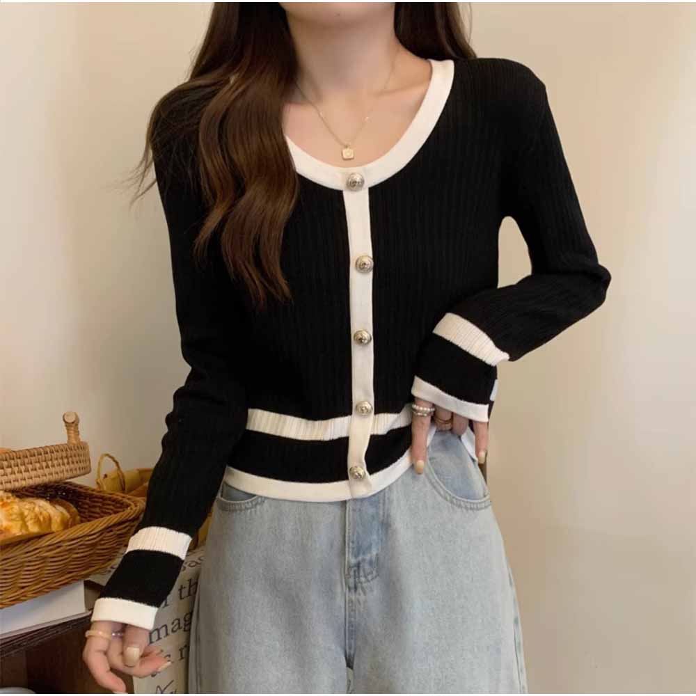 And Kawaii Cardigan, Long Sleeve, V-neck, Short Length, Color Scheme, Pearl Buttons, Korean Fashion