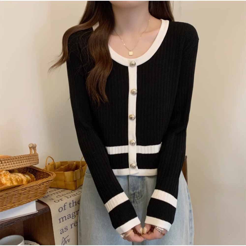And Kawaii Cardigan, Long Sleeve, V-neck, Short Length, Color Scheme, Pearl Buttons, Korean Fashion