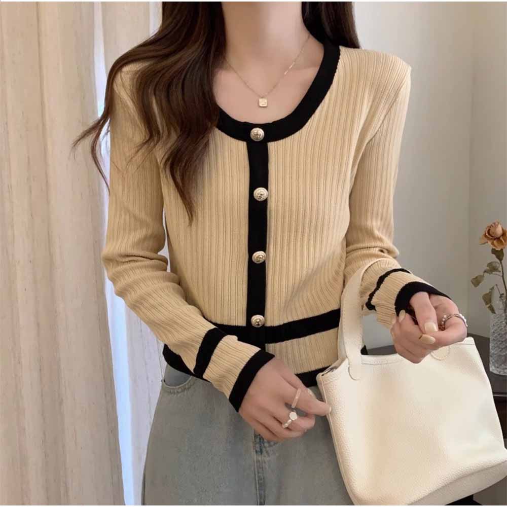 And Kawaii Cardigan, Long Sleeve, V-neck, Short Length, Color Scheme, Pearl Buttons, Korean Fashion