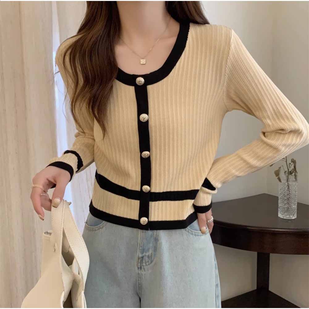 And Kawaii Cardigan, Long Sleeve, V-neck, Short Length, Color Scheme, Pearl Buttons, Korean Fashion