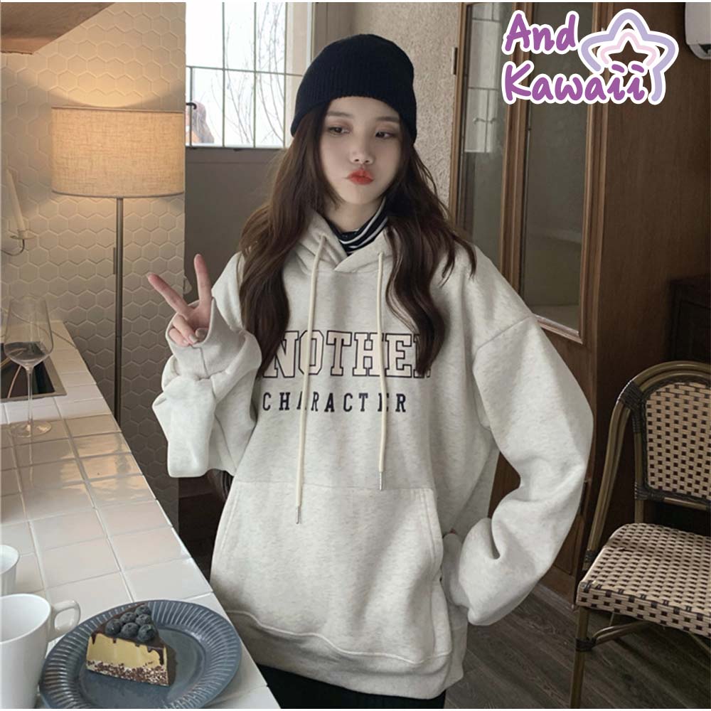 And Kawaii Long Sleeve Hoodie, Fleece Lining, Hooded, Loose Fit Top, Cold Weather, Women's, Autumn/Winter, Korean Style