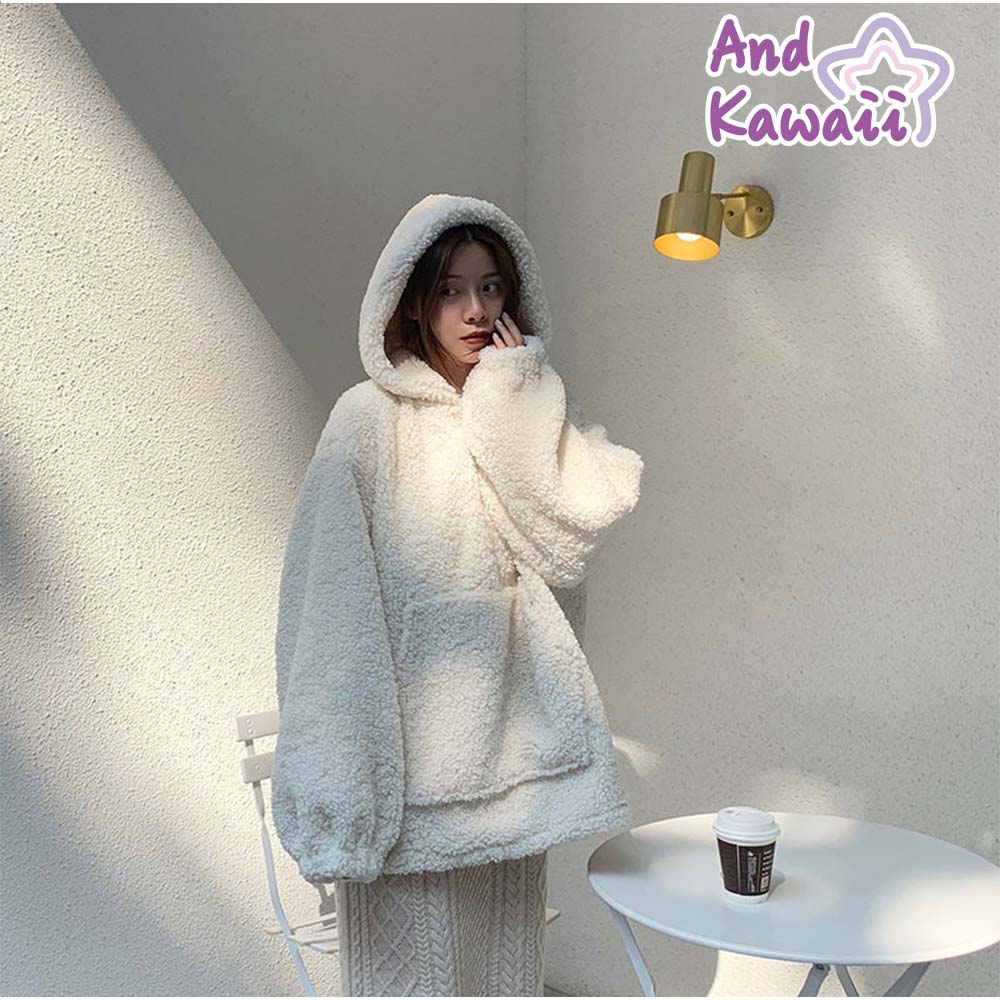 アンドカワイイ And Kawaii 裏起毛パーカー ボア長袖パーカー 韓国風シンプル フード付き ゆったりトップス