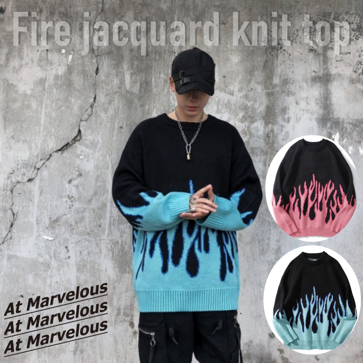 At Marvelous Fire Flame Knit Tops Sweater Jacquard Men's Women's Unisex Flashy Cool Street Jacquard