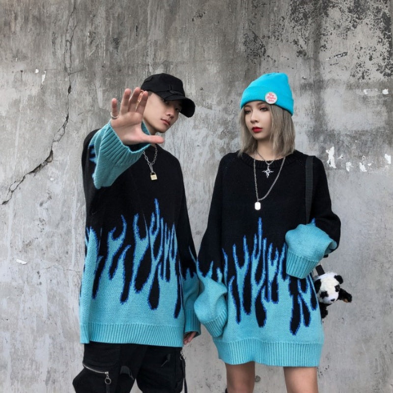 At Marvelous Fire Flame Knit Tops Sweater Jacquard Men's Women's Unisex Flashy Cool Street Jacquard