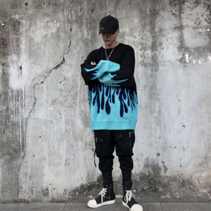 At Marvelous Fire Flame Knit Tops Sweater Jacquard Men's Women's Unisex Flashy Cool Street Jacquard