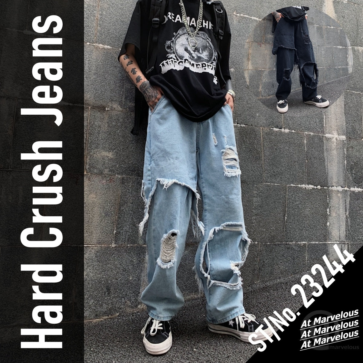 At Marvelous At Marvelous Distressed fake layered denim long pants Men's jeans G-pants Distressed jeans Street fashion Street style