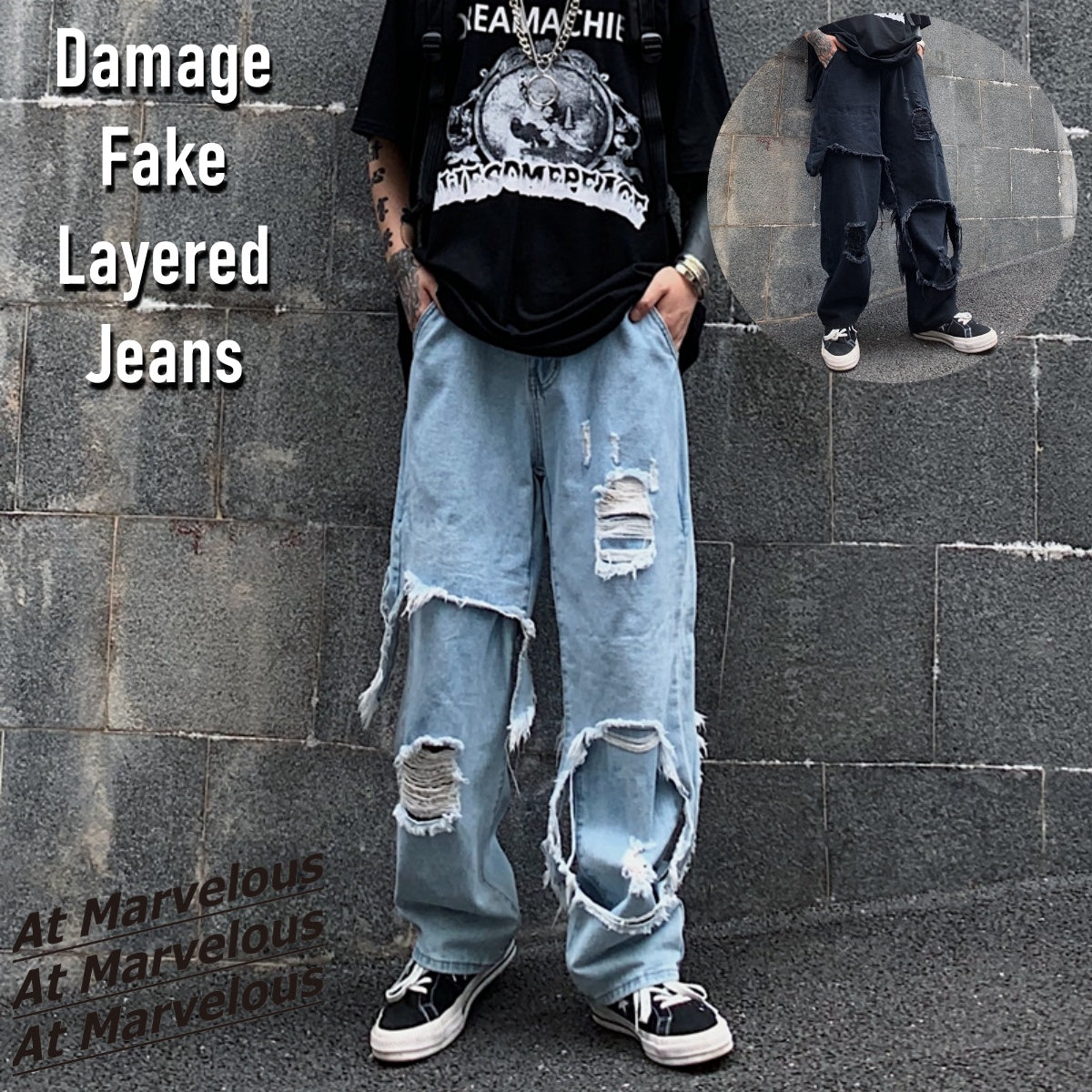 At Marvelous At Marvelous Distressed fake layered denim long pants Men's jeans G-pants Distressed jeans Street fashion Street style