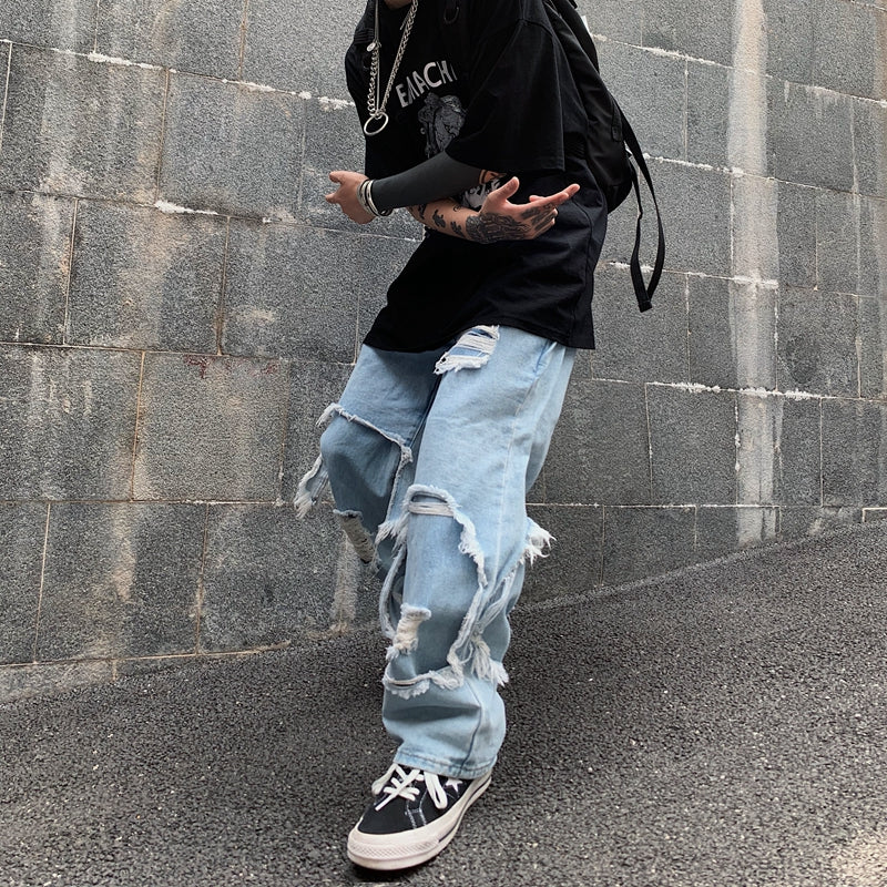 At Marvelous At Marvelous Distressed fake layered denim long pants Men's jeans G-pants Distressed jeans Street fashion Street style
