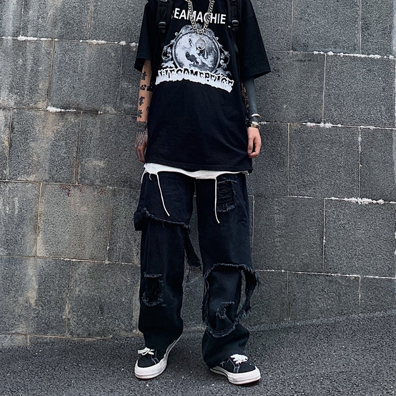 At Marvelous At Marvelous Distressed fake layered denim long pants Men's jeans G-pants Distressed jeans Street fashion Street style