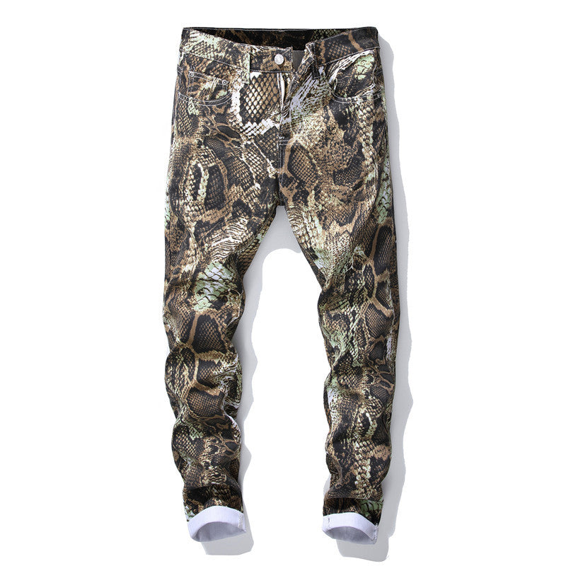 At Marvelous Python Print Long Pants, Men's Pants, Trousers, Bottoms, Rock, Punk, Street, Chino Pants, Straight Bottoms, Long Pants