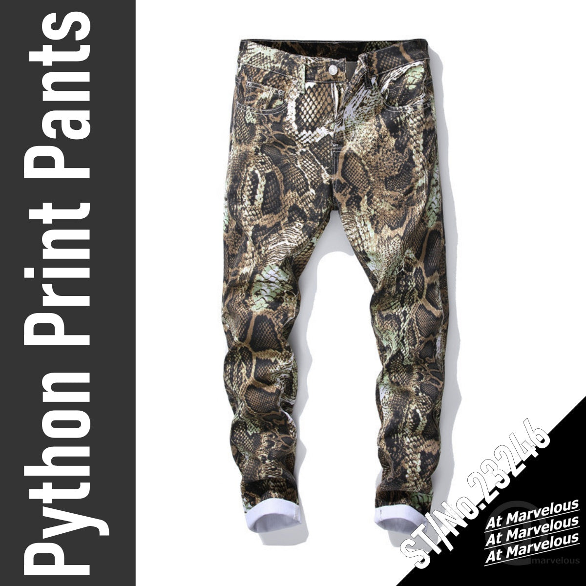 At Marvelous Python Print Long Pants, Men's Pants, Trousers, Bottoms, Rock, Punk, Street, Chino Pants, Straight Bottoms, Long Pants