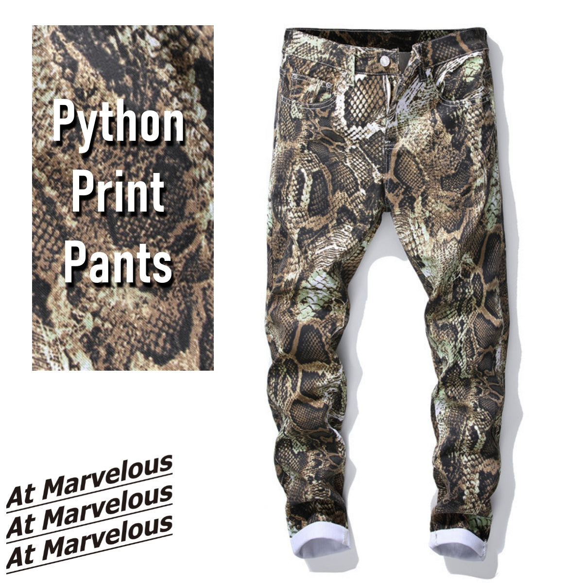 At Marvelous Python Print Long Pants, Men's Pants, Trousers, Bottoms, Rock, Punk, Street, Chino Pants, Straight Bottoms, Long Pants