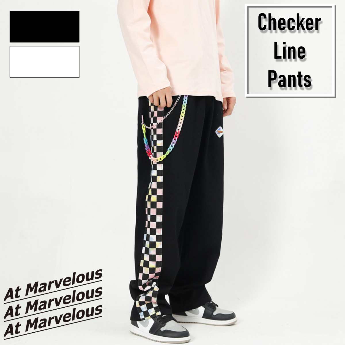 At Marvelous Checkered Line Long Pants for Men, Checkered Flag, Street Style, Elastic Waist, Street Fashion, Chef Pants, Trousers, Long Pants